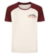 Front view of ecru T-shirt with burgundy raglan sleeves.